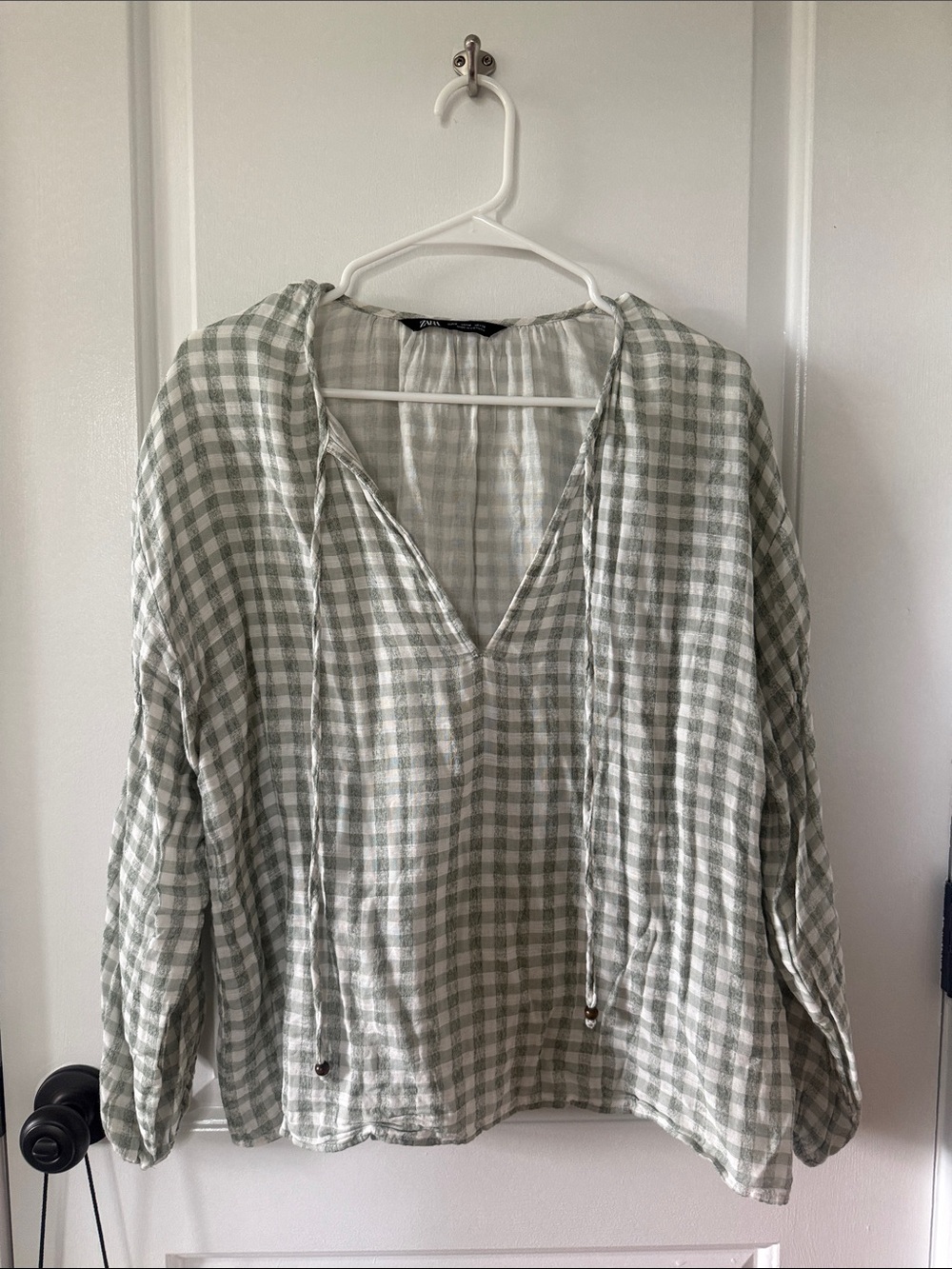 Zara Light Green Gingham V-Neck Tunic Top